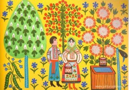 El árbol rojo de la bola de nieve florece sobre un pozo El árbol rojo de la bola de nieve florece sobre un pozo