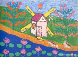 Dos palomas bebieron agua junto a un molino de viento y un vado Dos palomas bebieron agua junto a un molino de viento y un vado