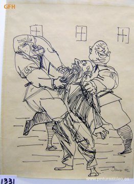 Dos soldados nazis abusan de un judío y le arrancan la barba Dos soldados nazis abusan de un judío y le arrancan la barba