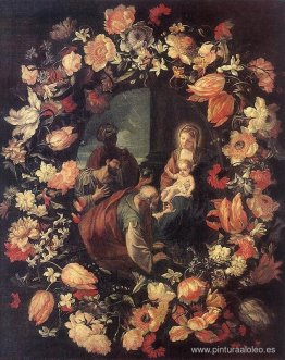 Adoración de los Reyes Magos en una guirnalda de flores Adoración de los Reyes Magos en una guirnalda de flores