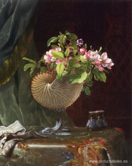 Naturaleza muerta con flores de manzano en una concha de nautilu Naturaleza muerta con flores de manzano en una concha de nautilu