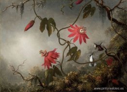 Flores de la pasión con colibríes Flores de la pasión con colibríes