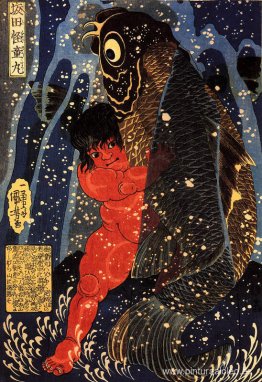 Sakata Kintoki luchando con una enorme carpa en una cascada Sakata Kintoki luchando con una enorme carpa en una cascada