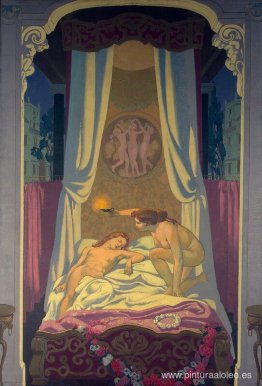 Panel 3. Psique descubre que su misterioso amante es Eros Panel 3. Psique descubre que su misterioso amante es Eros