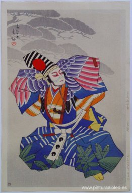 Ichikawa Danshiro como bailarina Sanbasô con kimono azul Ichikawa Danshiro como bailarina Sanbasô con kimono azul