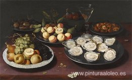 Bodegón de frutas y un plato de ostras Bodegón de frutas y un plato de ostras