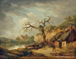 Escena del lago y una cabaña Escena del lago y una cabaña