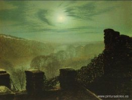 Luna llena detrás de Cirrus Cloud desde las almenas del castillo Luna llena detrás de Cirrus Cloud desde las almenas del castillo