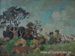 Paisaje con árboles y casas. Paisaje con árboles y casas.