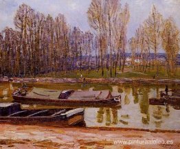 Barcazas en el canal de Loing, primavera Barcazas en el canal de Loing, primavera