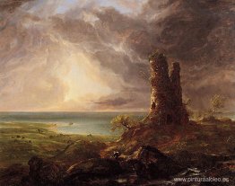 Paisaje romántico con torre en ruinas. Paisaje romántico con torre en ruinas.