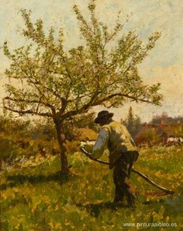Un hombre guadañando en un huerto Un hombre guadañando en un huerto
