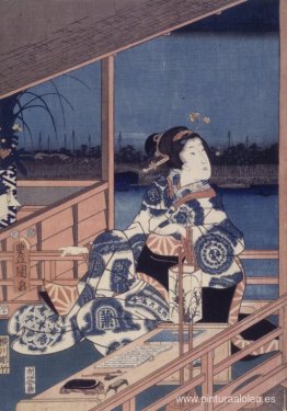 Vista a la luz de la luna de Tsukuda con una dama en un balcón Vista a la luz de la luna de Tsukuda con una dama en un balcón