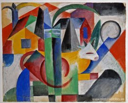 Vaca amarilla y blanca frente a las casas Vaca amarilla y blanca frente a las casas