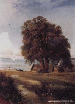 Paisaje con una granja cerca del lago. Paisaje con una granja cerca del lago.