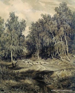 Paisaje con rebaño de ovejas. Paisaje con rebaño de ovejas.