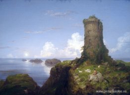 Escena de la costa italiana con torre en ruinas Escena de la costa italiana con torre en ruinas