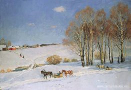 Paisaje invernal con trineo tirado por caballos. Paisaje invernal con trineo tirado por caballos.