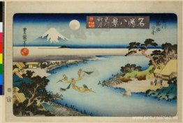 Luna de otoño en Tamagawa, dos barcos pescando de noche Luna de otoño en Tamagawa, dos barcos pescando de noche