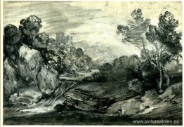 Paisaje boscoso rocoso con cascada, castillo y montaña, Paisaje boscoso rocoso con cascada, castillo y montaña,