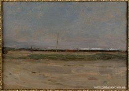 Paisaje de pólder con un tren y un pequeño molino de viento en e Paisaje de pólder con un tren y un pequeño molino de viento en e