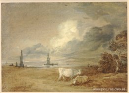 Escena costera con barcos, figuras y vacas. Escena costera con barcos, figuras y vacas.