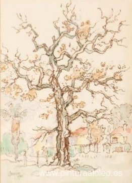 Un gran roble frente a las casas Un gran roble frente a las casas