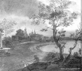 Paisaje con un río en una noche de luna. Paisaje con un río en una noche de luna.