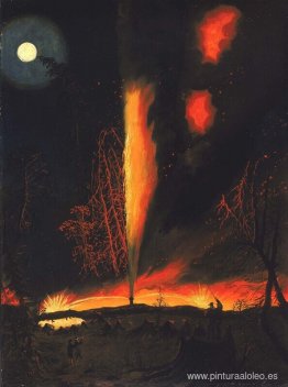 Pozo de petróleo ardiendo en la noche, cerca de Rouseville, Pens Pozo de petróleo ardiendo en la noche, cerca de Rouseville, Pens