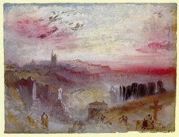 Vista de la ciudad al atardecer: un cementerio en primer plano Vista de la ciudad al atardecer: un cementerio en primer plano
