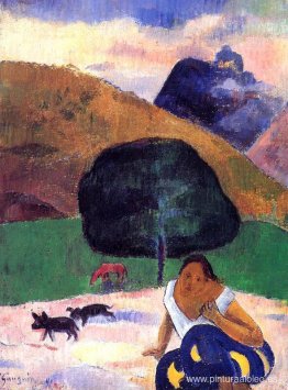 Paisaje con cerdos negros y un tahitiano agachado Paisaje con cerdos negros y un tahitiano agachado