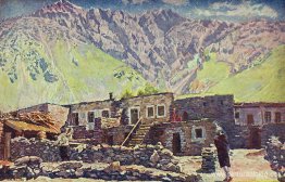 Georgia. Kazbek. Montaña de mierda y pueblo Georgia. Kazbek. Montaña de mierda y pueblo