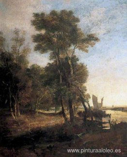 Bosque con río y barcazas con velas. Bosque con río y barcazas con velas.