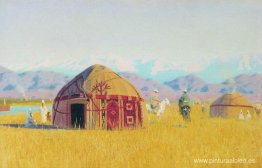 Tienda kirguisa en el río Chu Tienda kirguisa en el río Chu