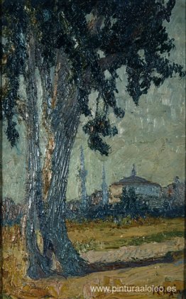 Paisaje con árbol y mezquita al fondo. Paisaje con árbol y mezquita al fondo.