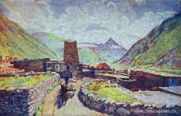 Georgia. Kazbek. Vista de la montaña Kabardzhino y del pueblo. Georgia. Kazbek. Vista de la montaña Kabardzhino y del pueblo.