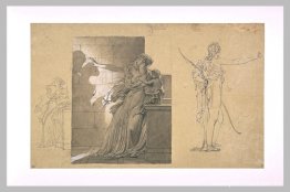 Mujer sosteniendo a un niño y viendo la sombra de figuras abrazá Mujer sosteniendo a un niño y viendo la sombra de figuras abrazá