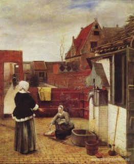 Una mujer y una doncella en un patio. Una mujer y una doncella en un patio.