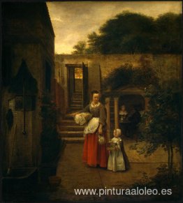 mujer y niño en un patio mujer y niño en un patio