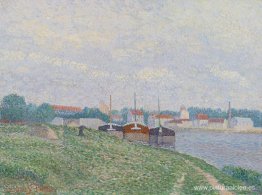 Trois Péniches Amarées aux Abords d'une Ville Industrielle Trois Péniches Amarées aux Abords d'une Ville Industrielle