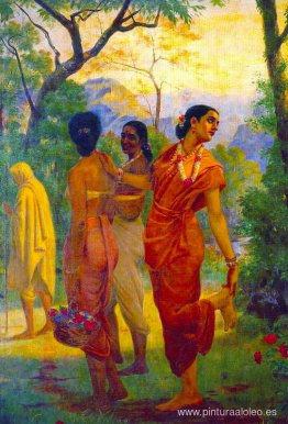 Shakuntala mira hacia atrás para vislumbrar a Dushyanta. Shakuntala mira hacia atrás para vislumbrar a Dushyanta.