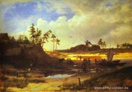 Campesinos con un barco en una playa de arena. Campesinos con un barco en una playa de arena.