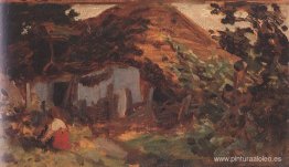 Patio de la granja con la chica de la falda roja Patio de la granja con la chica de la falda roja