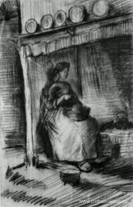 Interior con campesina sentada cerca de la chimenea Interior con campesina sentada cerca de la chimenea