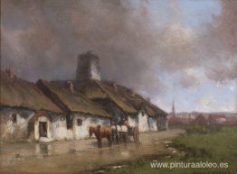 Caballo y carro con cabaña bajo un cielo tormentoso Caballo y carro con cabaña bajo un cielo tormentoso