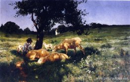 Niño y oveja acostados debajo de un árbol Niño y oveja acostados debajo de un árbol