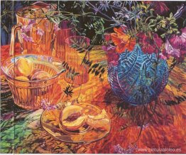 Melocotón cortado, jarrón azul Melocotón cortado, jarrón azul