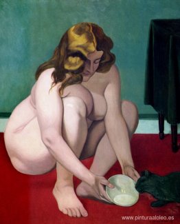 Mujer en cuclillas ofreciendo leche a un gato Mujer en cuclillas ofreciendo leche a un gato