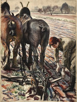 Arado tirado por caballos, muchacha de la tierra Arado tirado por caballos, muchacha de la tierra