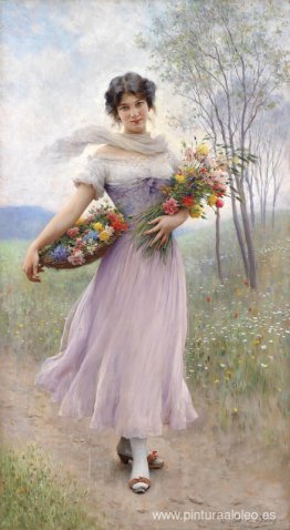 Chica con un vestido color lila con ramo de flores Chica con un vestido color lila con ramo de flores